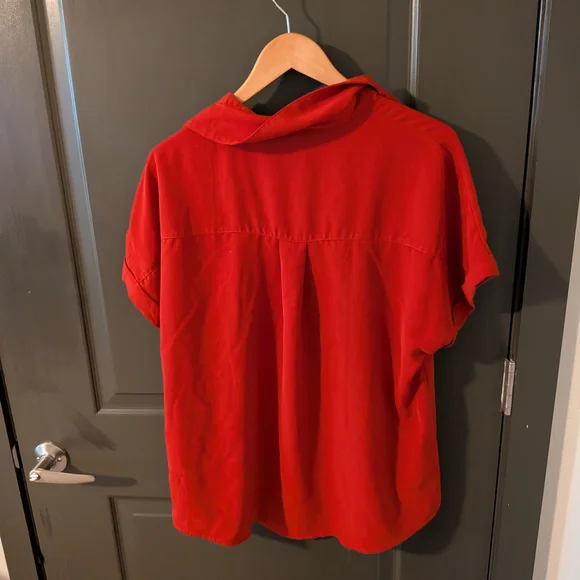 Red Short-Sleeve Button-Up Shirt - Women's Top - Picture 5 of 5